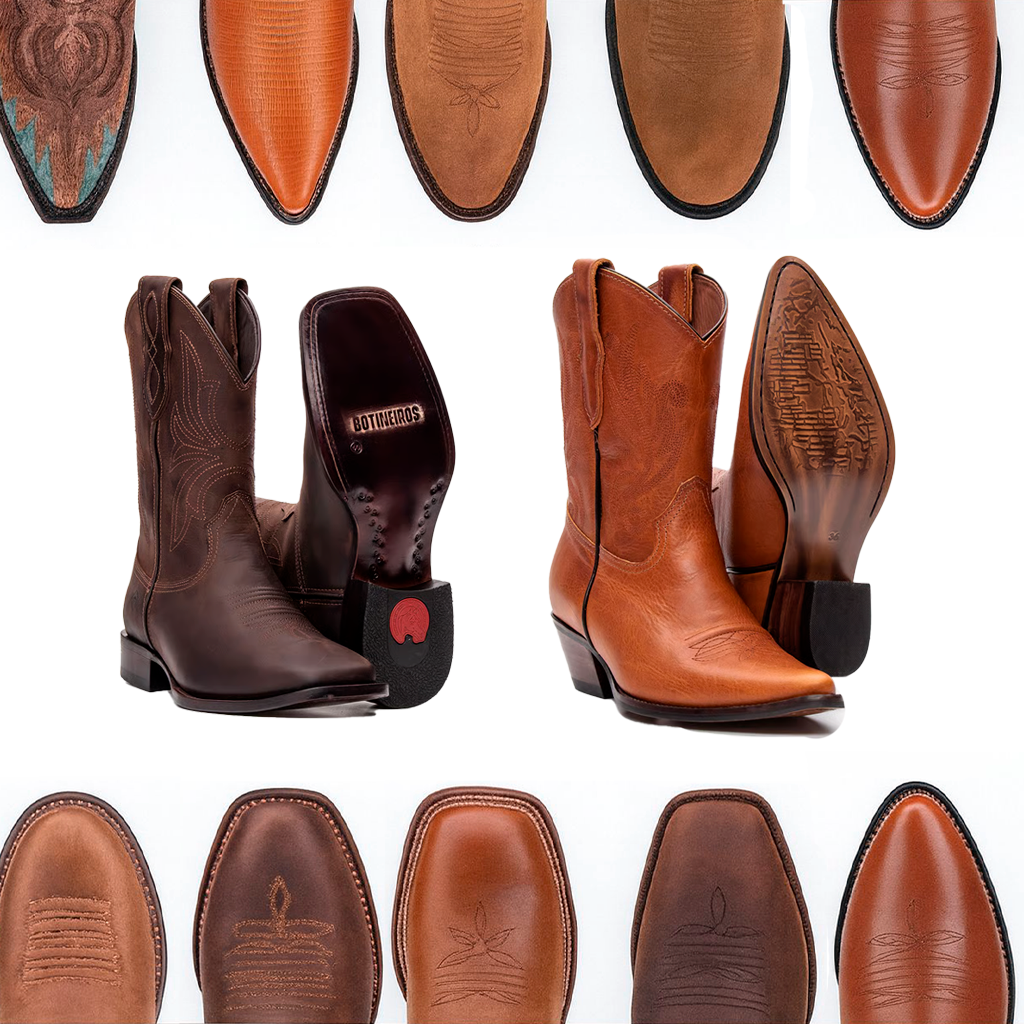 diferentes tipos de bicos, canos e solados botas country