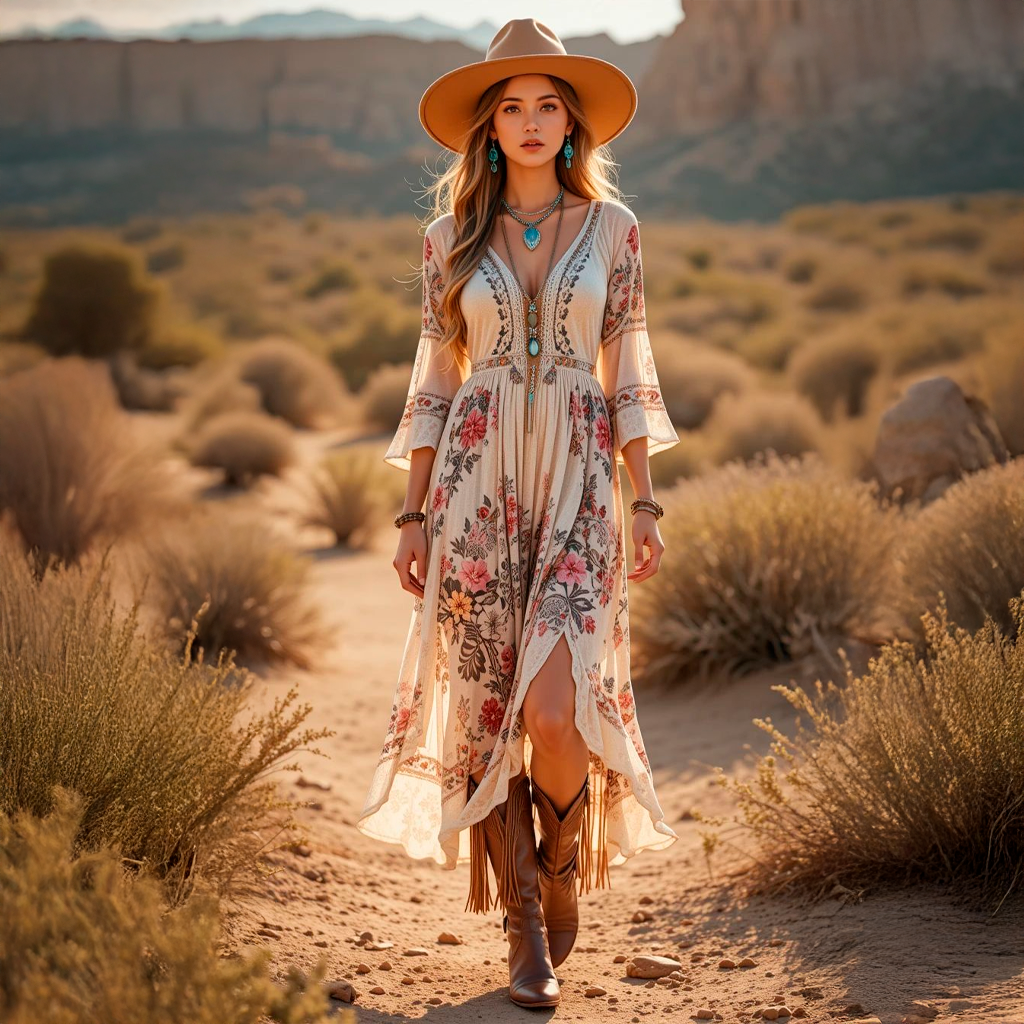 Vestido fluido e acessórios rústicos com bota de couro