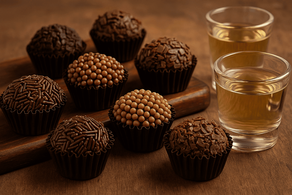Brigadeiros gourmet dispostos com copinhos de cachaça