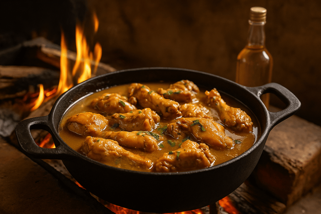 Panela de ferro com frango ao molho de cachaça em fogão a lenha