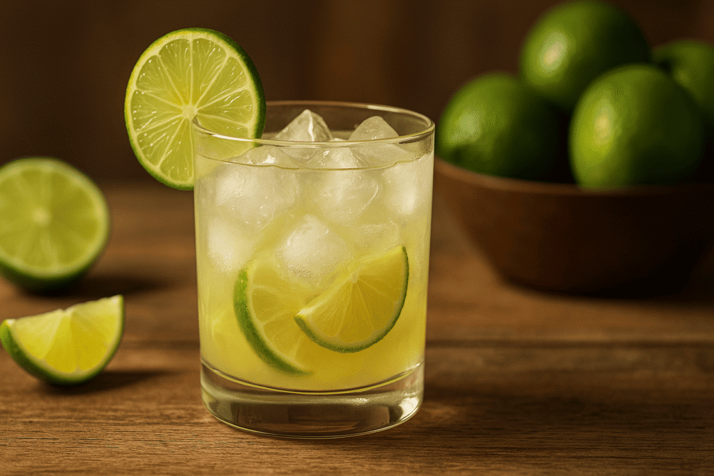 Caipirinha com limão espremido e gelo em copo baixo