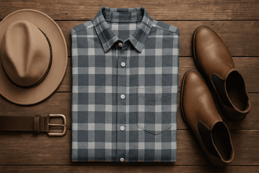 Composição camisa xadrez + cinto + chapéu + botina