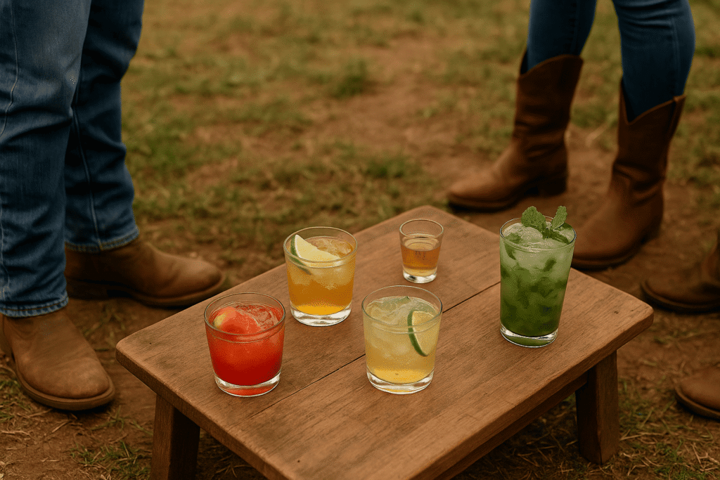 Mesa posta ao ar livre com drinks e pessoas de bota