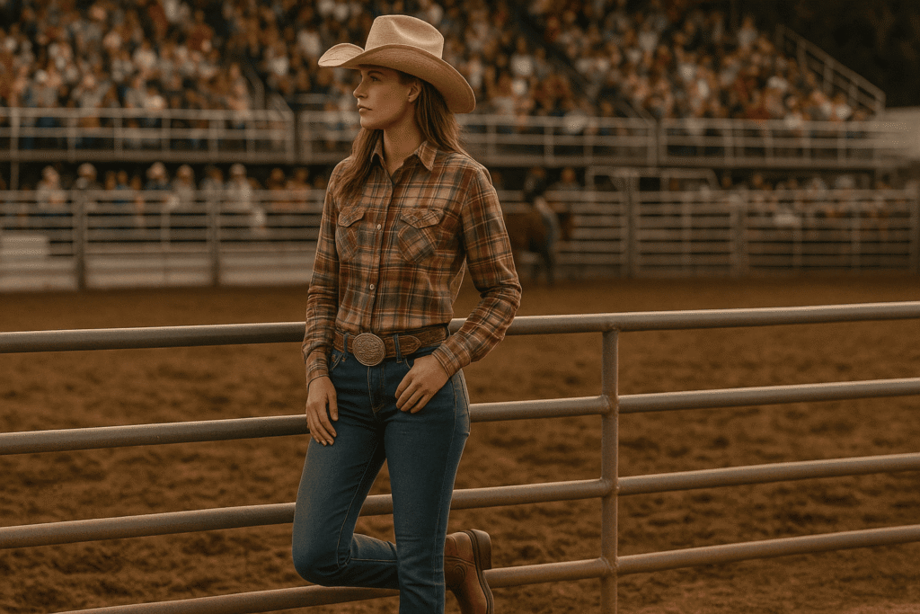Look completo com botina, cinto, camisa xadrez e chapéu em evento de rodeio