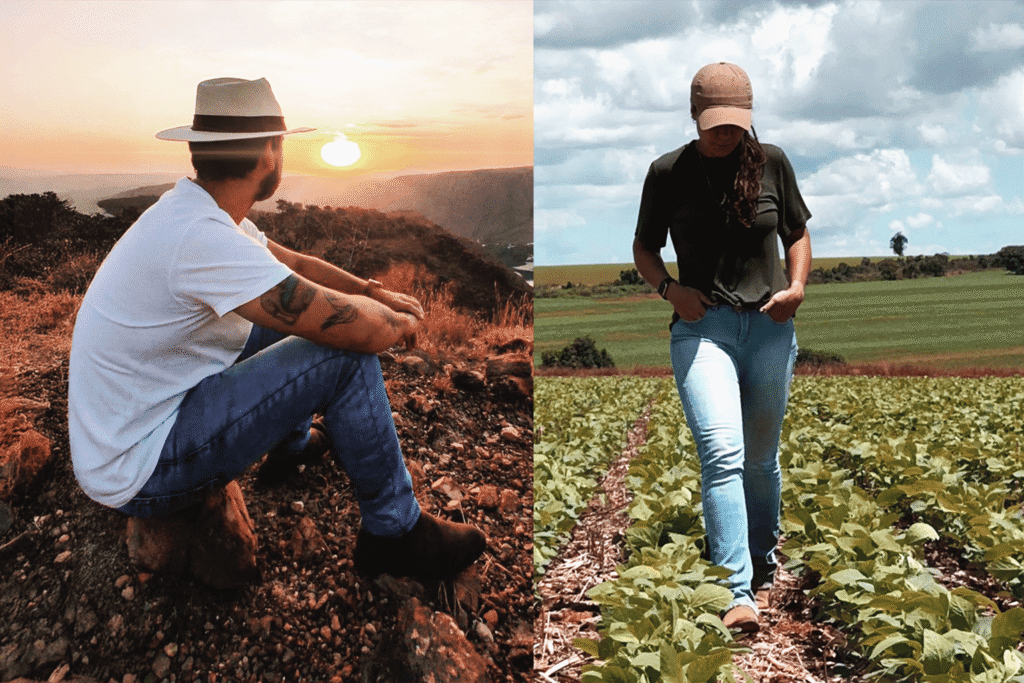 Cliente em ambiente rural calçando uma bota de couro Botineiros