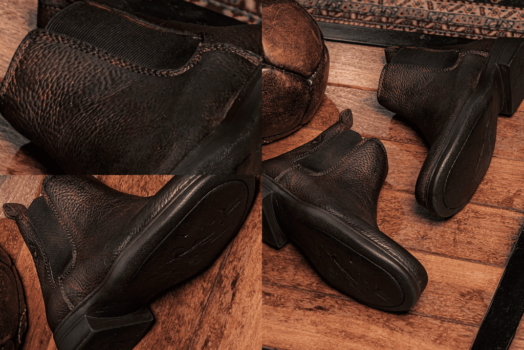 Detalhes de couro, costura e solado em botas prontas