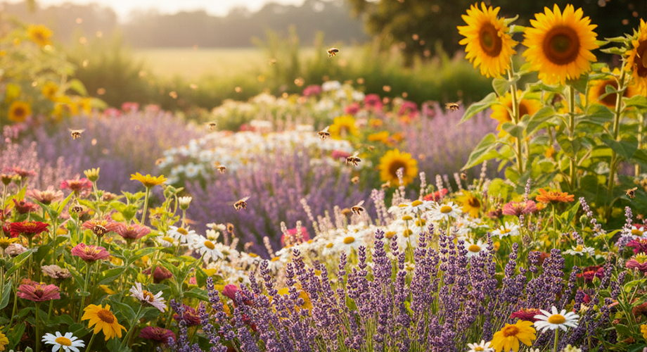 Jardim com flores atraindo abelhas