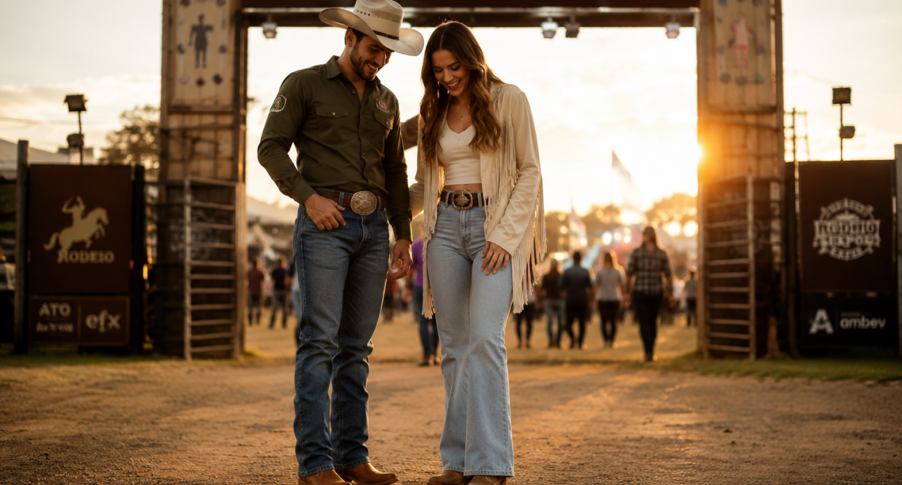 Casal sorridente em evento de rodeio.