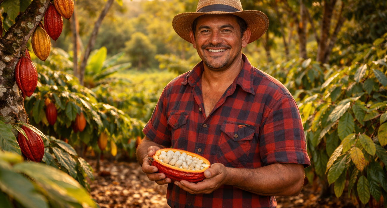 Agricultor segurando cacau em plantação.