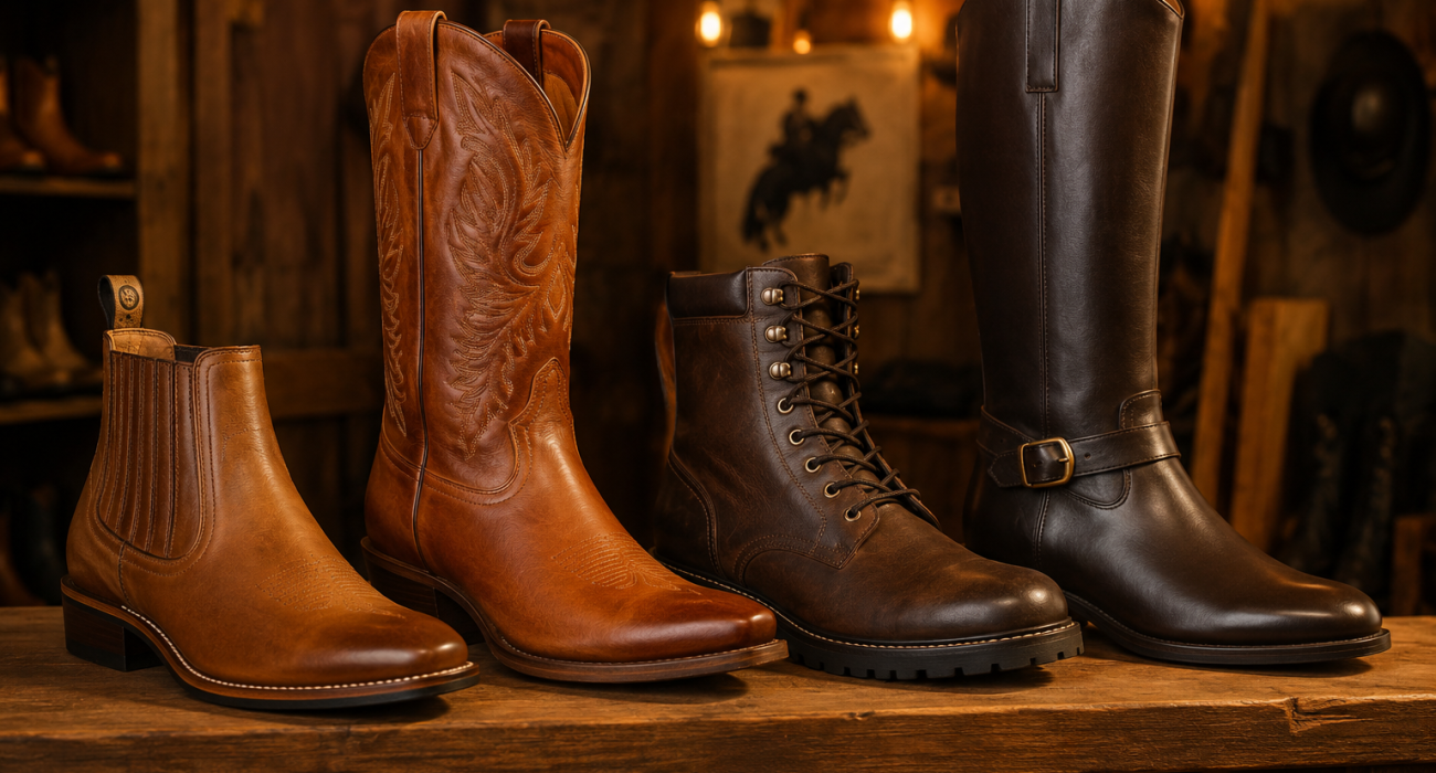 Vários tipos de botas em exibição.
