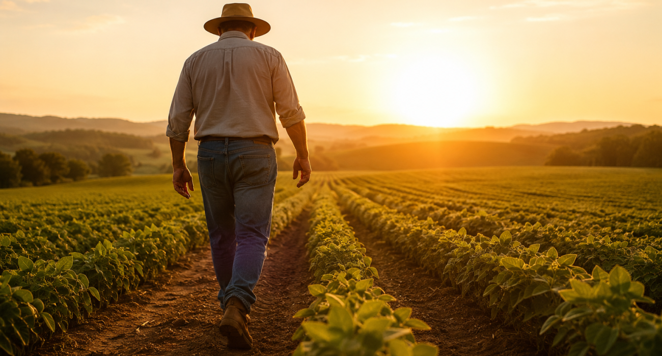 Agricultor caminhando ao pôr do sol.