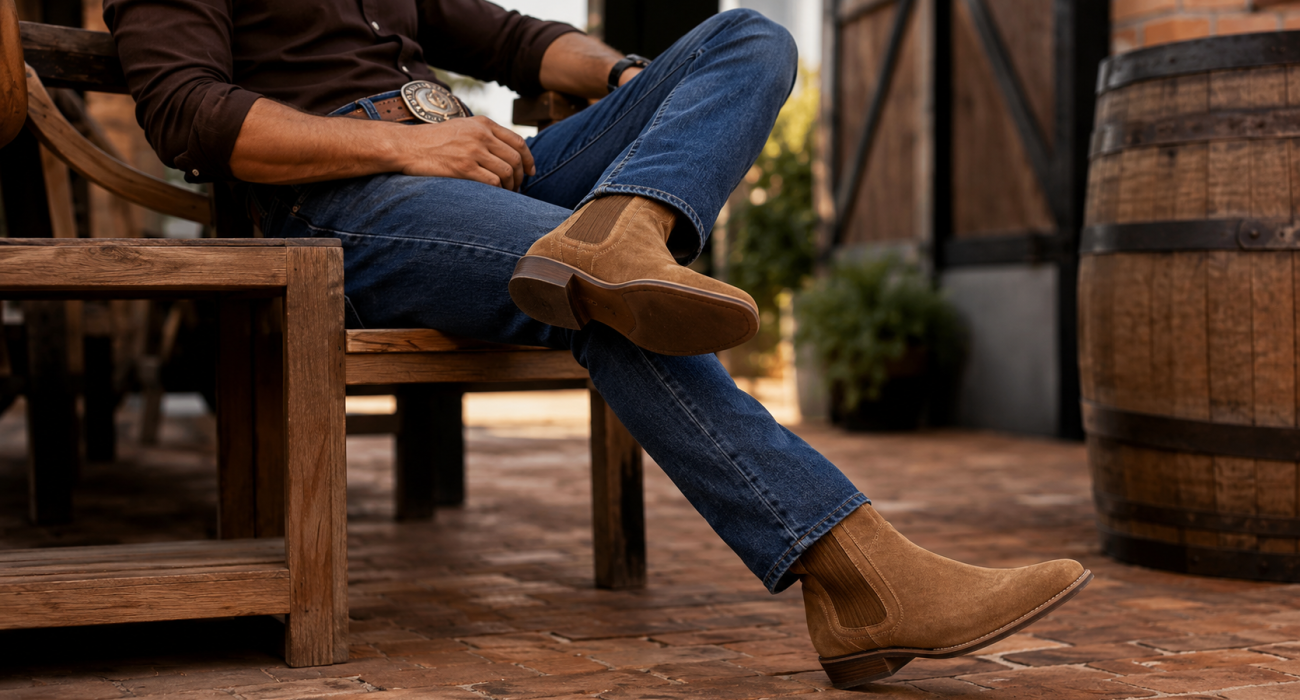 Homem sentado com botas e jeans.