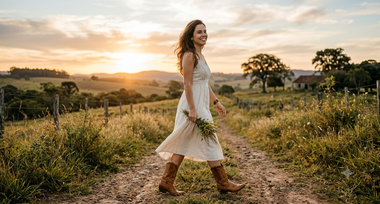 Mulher sorrindo em campo ao pôr do sol.