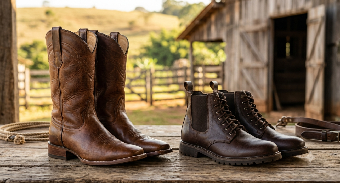 Bota e botina de couro em ambiente rural.