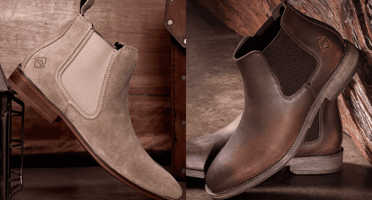 Bota em couro tradicional e em couro camurça