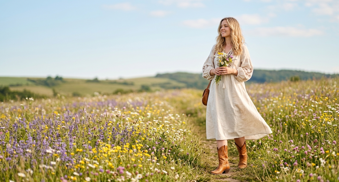 Imagem mostrando uma mulher segurando um buquê de flores do campo. Ela usa um vestido fluido de cores claras e bota texana caramelo. O cenário é um campo de flores.