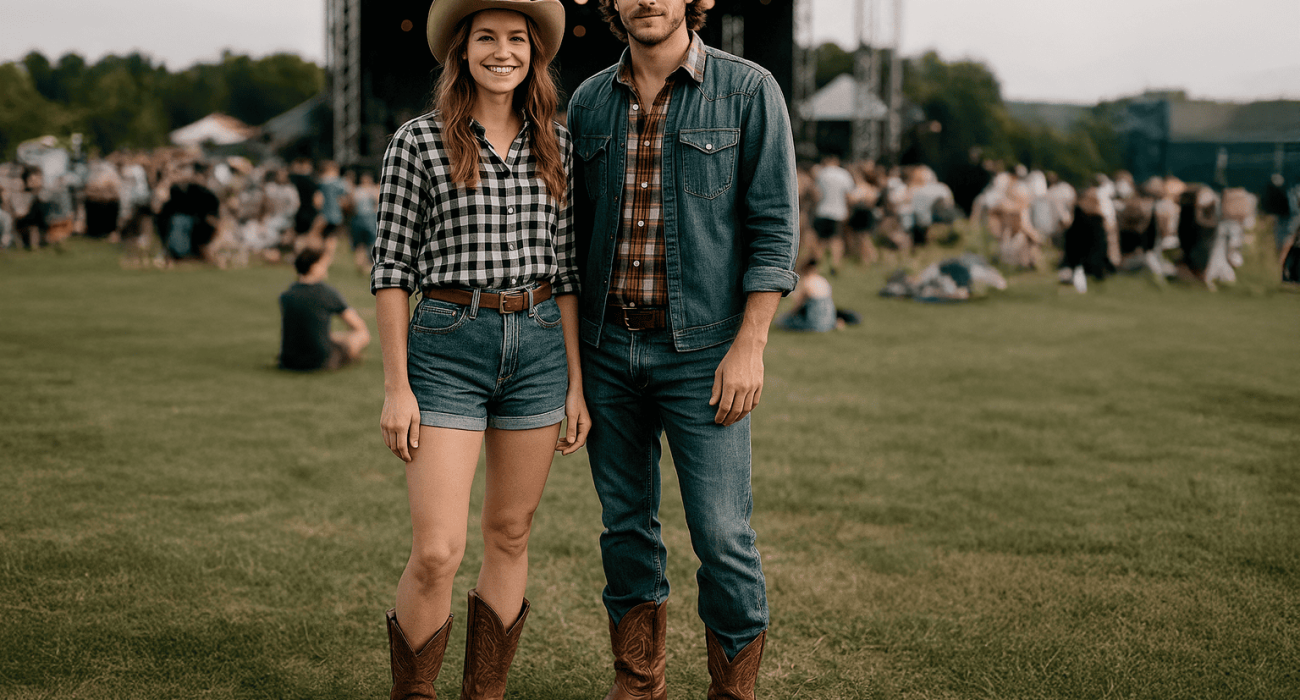 Casal estiloso em ambiente de festival sertanejo