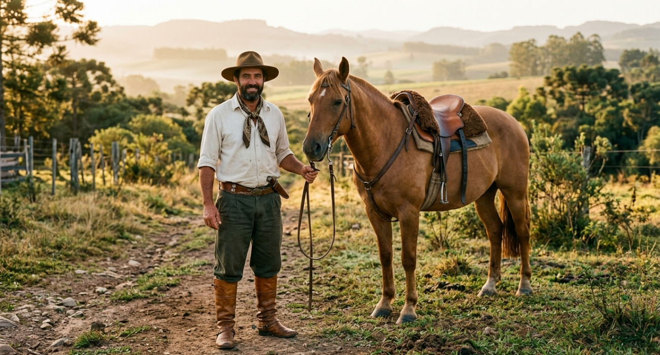 Homem com cavalo em paisagem rural