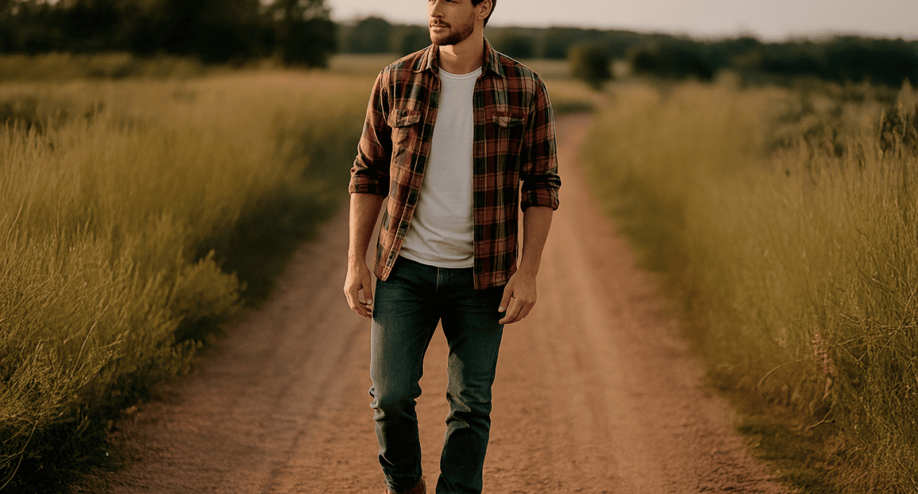 Homem em estrada de chão com look e camisa xadrez