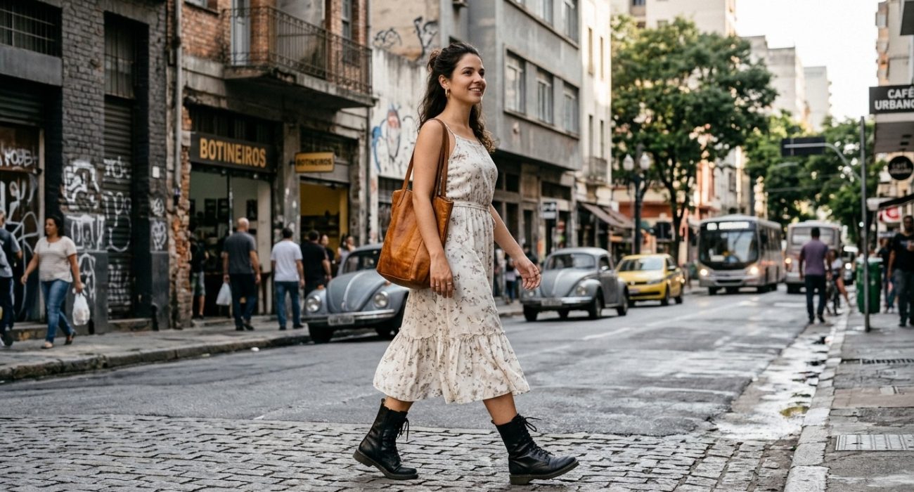 Mulher caminhando em rua urbana.