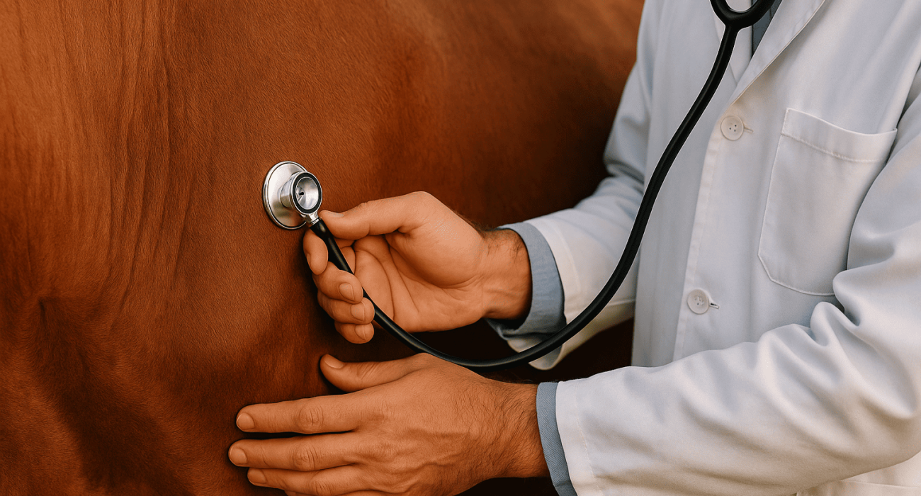 veterinário de jaleco branco interagindo com um cavalo