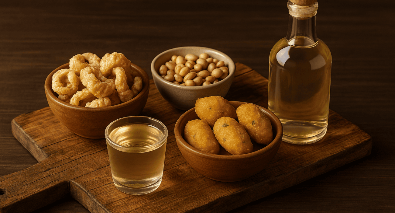 Mesa rústica de madeira com copos de cachaça artesanal